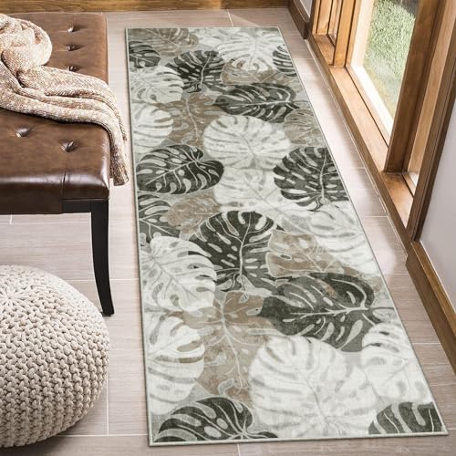 Wonnitar Monstera - Alfombra lavable de pasillo de 2 x 6, antideslizante, para pasillo, con hojas, lavandería, alfombra tropical, suave, de pelo bajo, para decoración de cocina, baño, color caqui