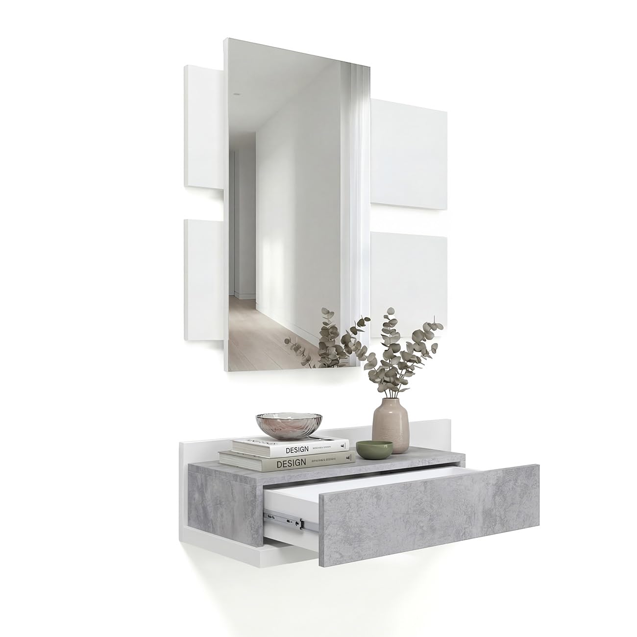 duehome | Recibidor con cajón y Espejo, Mueble de Entrada, Modelo Milo, Acabado en Blanco Artik y Cemento, Medidas: 75 cm (Largo) x 29 cm (Fondo) x 116 cm (Alto)