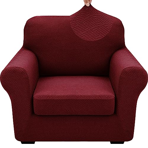 XINEAGE 2025 New 2 Pieces Chair Covers with Arms Super Stretch Chair Slipcover for Living Room Pet Dog Universal Slip Cover Anti Slip Armchair Furniture Protector (Wine Red), 31"-46"(1 Cushion)