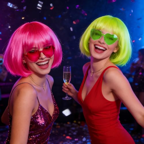 Image of DAJOOEE 2 Pack Party Wigs Wig Cap and Sunglass Set,Short Bob Hair Wigs Straight with Flat Bangs Synthetic Colorful Cosplay Daily Party Neon Wig for Women (Pink Green)