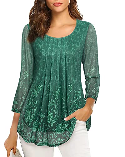 VALOLIA Women's 3/4 Sleeve Tunic Tops Casual Loose Fit Floral Blouses Mesh Pleated Layered Shirt