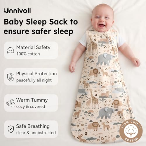 Image of Baby Sleep Sack 12-18 Months 0.5 Tog Baby Wearable Blanket 100% Cotton Sleeping Sack with 2-Way Zipper for Toddler Infant Apricot Gray Elephant