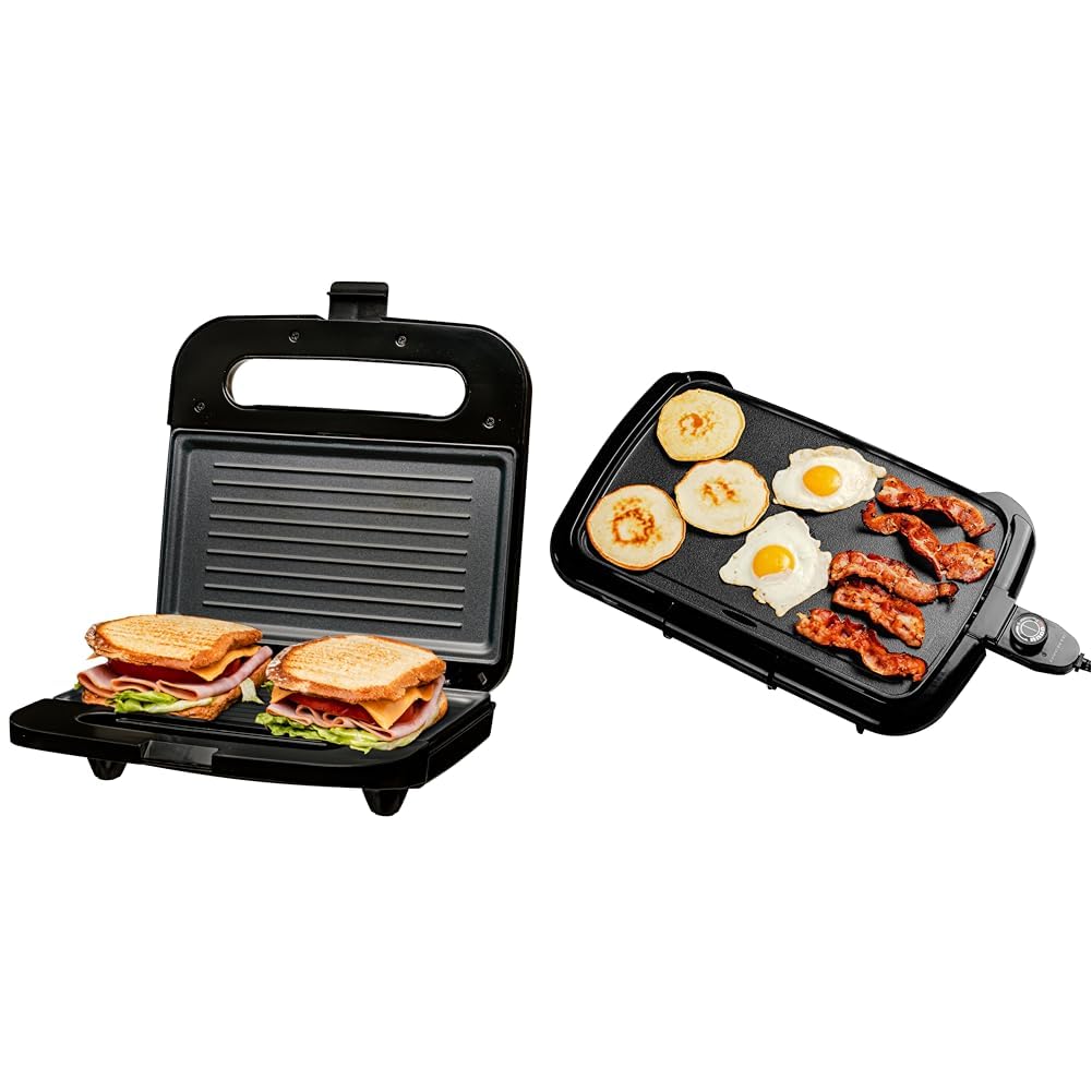 OVENTE Electric Panini Press Grill with Nonstick Plates, LED Lights, Thermostat Control &amp; OVENTE Electric Griddle with 16 x 10 Inch Flat Non-Stick Cooking Surface, Adjustable Thermostat