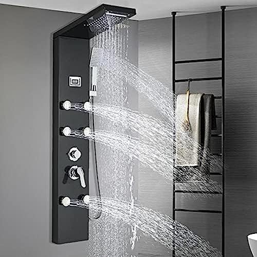 LED Light Shower Panel Tower Rainfall Waterfall Shower Head with Massager Jets Body System Jet-Black A,Black G miniatura 1