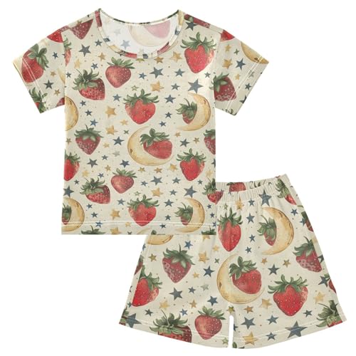 ALAZA Strawberry Moon Stars Pajama Set Short Sleeve Sleepwear Soft Lounge Nightwear