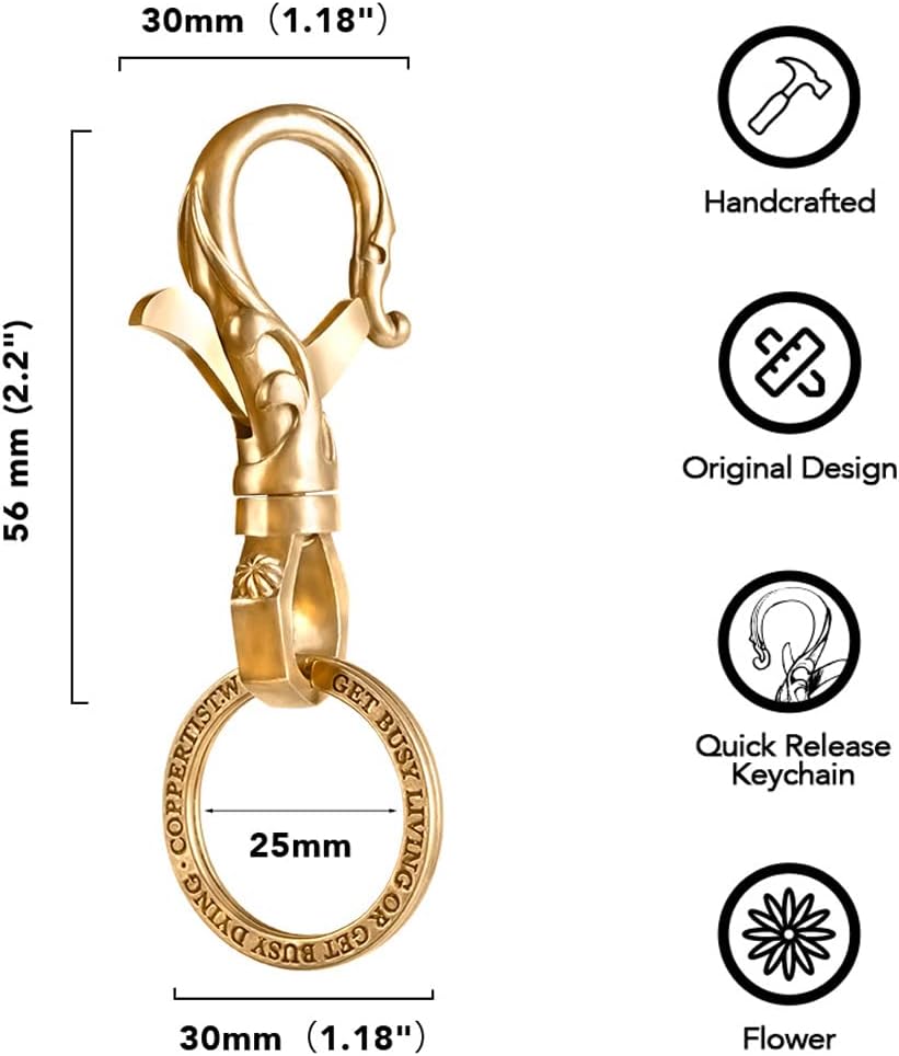COPPERTIST.WU Snap Brass Keychain Flower-Patterned 360 Swivel Quick Release w Key Ring for Men Women