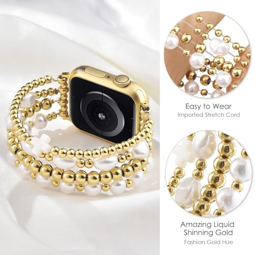 AIRSPO Gold Beaded Bracelets Compatible for Apple Watch Band 42mm 44mm 45mm 46mm Women, Fashion Handmade Dressy iPhone Watch Bands Stainless Steel Beads Elastic Strap for iWatch Series 11 10 9 SE 8 7 6 5 4 3 2 1 (Cross White) by AIRSPO - Used condition - Image 2