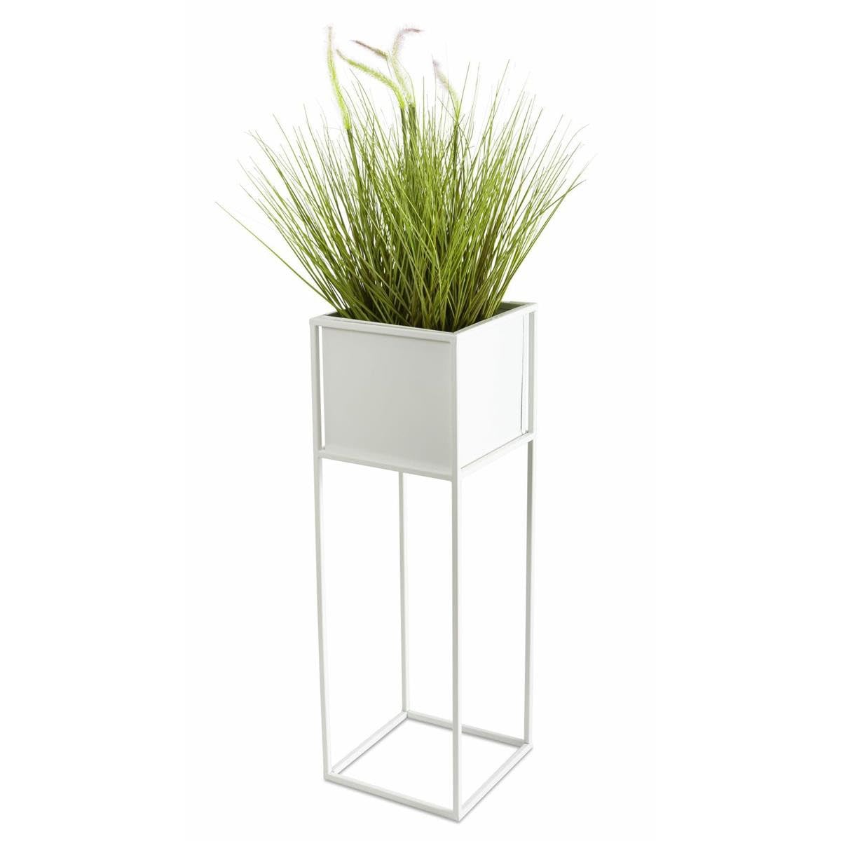 HowHomely Weiß Blumenständer Metall | Pflanzenständer 72 cm Hoch mit Metall Box 19,5 x 20,5 cm | Blumentopfständer im Loft-Stil für die Hausdekoration