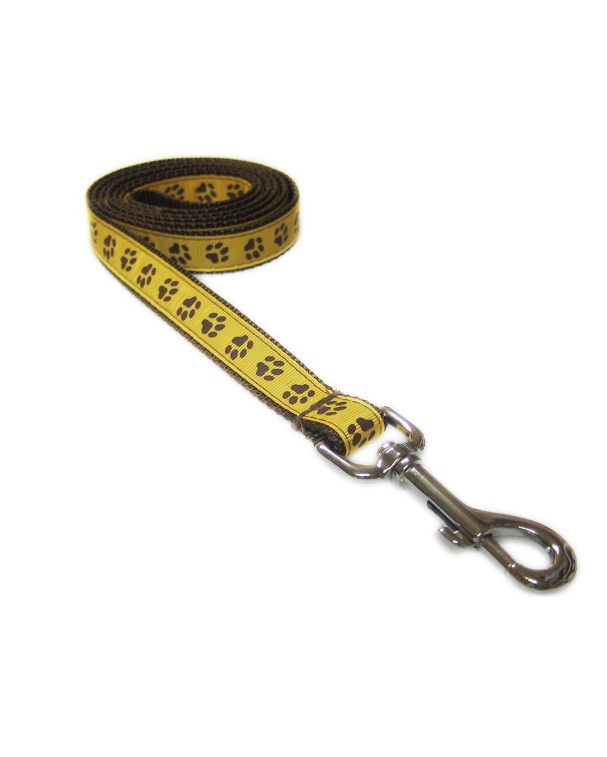 Medium Yellow/Brown Puppy Paws Dog Leash: 3/4" Wide, 6ft Length - Made in USA.
