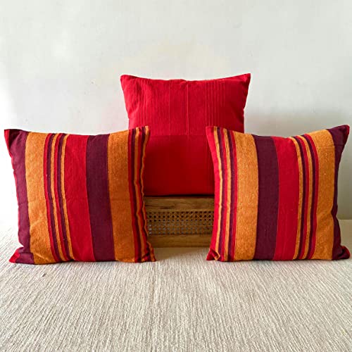 Image of RANGBHAR Handloom Cushion Covers with Concealed Top Zip, Set of 3, Striped, 16 x 16 inch, Red