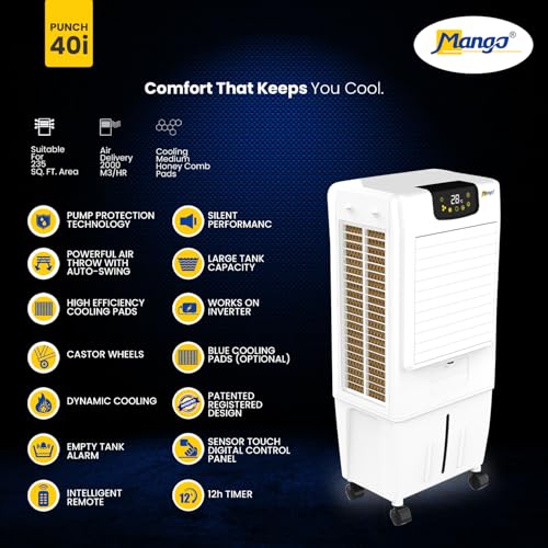 Image of Mango Punch Room Air Cooler Punch 40i |2000 m /hr Air Delivery | Honeycomb Pads | Auto Swing | Castor Wheels | For Rooms up to 235 Sq Ft (35L)
