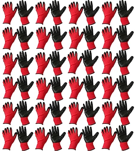 Image of Multipurpose Nylon Anti Cut PU Nitrile Coating Work Safety Gloves, Hand & Fingers, Gardening, Mechanical, Construction, Agriculture & Automotive - Durable & Comfortable (24 Pairs Red Black)