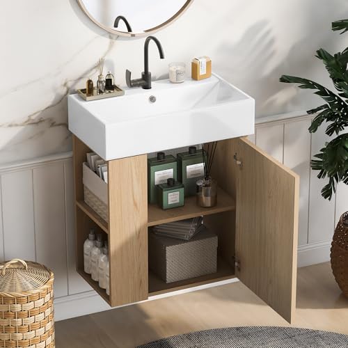 Merax 21.6" Modern Floating Bathroom Vanity with Ceramic Basin - Perfect for Small Room, Left Side Storage by Merax - Image 2