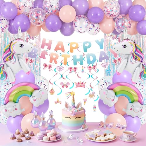 JOYIN Unicorn Magical Rainbow Birthday Party Decorations 76PCS Unicorn Party Supplies with Banner Foil & Latex Balloons Spiral Swirls and Tinsel Curtains for Baby Boys Girls Men & Women