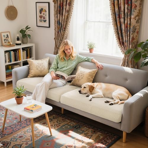 Image of CHUN YI 2 Piece Couch Cushion Covers for Sofa Seat Slipcovers Suitable with Spandex Jacquard Washable Fabric (2 Piece Sofa Cushion Covers, Ivory)