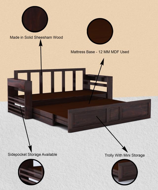 Image of Solid Sheesham Wood Sofa Cum Bed 2 Seater | Wooden Foldable Double Bed for Living Room with Headboard & Storage | Bed Cum Sofa with Mattress for Home | Dalla Design (Walnut Finish)