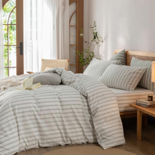 Image of BESTOUCH Striped Cotton Duvet Cover Set Linen Feel Queen | 100% Washed Cotton, Soft Wrinkle Texture, Hidden Zipper, 8 Ties, Breathable Lightweight Durable Comfy, 3 Pcs No Insert