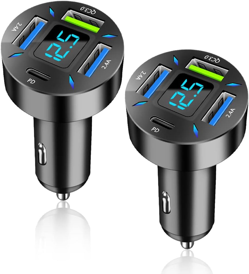 2Pcs Car Charger 66W Super Fast Charging with USB C&QC 3.0(Voltmeter&LED Lights) Universal Quick Charge for 12-24V Car Cigarette Lighter Plug,Compatible with iPhone 14 13,S22,iPad (BK351-2Pcs)