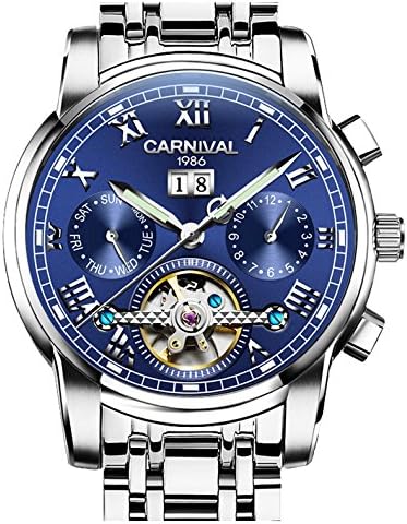 CARNIVAL Luxury Mens tourbillon Automatic Watch Silver Stainless Steel Date Blue Dial Watches
