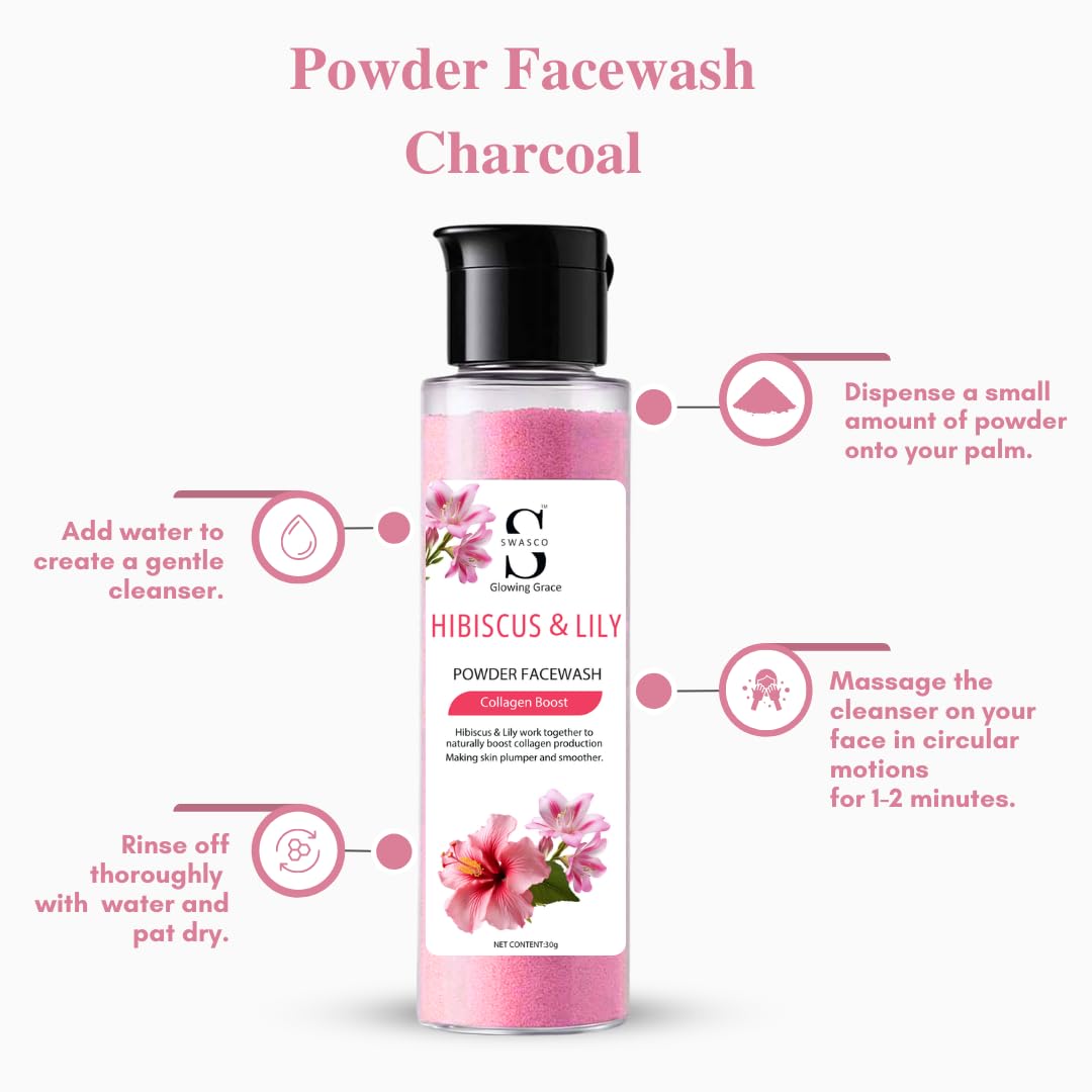 SWASCO Hibiscus & Lily Powder Face Wash 30g | Pure Flower Extract, Boosts Collagen, Makes Skin Plumper & Smoother | Natural Powder Face Wash for Healthy Glowing Skin 4