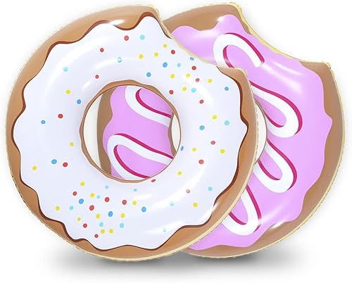 Donut Float, 2 Pack de rosquilla inflable de 33 pulgadas para fiesta (fresa y chocolate), piscina o playa juguete para niños