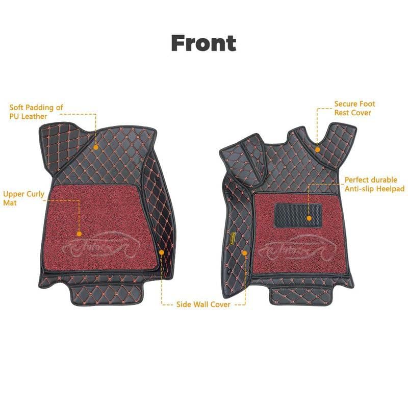 Image of Superior 7D Car Floor Mat Set for Tata Punch Facelift 2026 Petrol /Diesel /CNG, Luxury Leather + Curly Foot Mats, 7-Layer Protection, Waterproof & Anti-Skid, Black Red with Red Curly