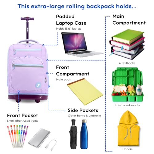 Image of J World Sundance Laptop Rolling Backpack for Girls Boys. Roller Bookbag with Wheels, 20 Inch, Purple
