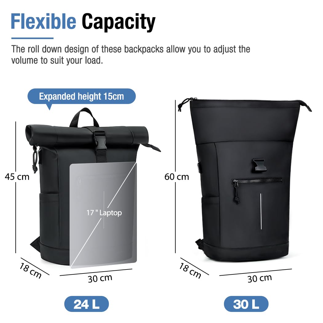 Lekeinchi Zaino Rolltop Uomo Donna Porta PC 17 Pollici | Zaino Impermeabile Uomo Donna - Rains Zaino con Strisce Riflettenti - Zaino da Viaggio Espandibile - Casual Lavoro Università - Nero XL