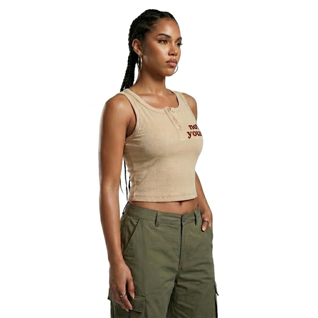 badbee Women's Ribbed Crop Top, Cotton, Slim Fit, Sleeveless Henley with Button Detail, 'Not Yours' Embroidered, Beige-picture-13