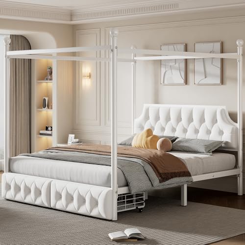 SOFTSEA Queen Upholstered Canopy Bed Frame with 2 Drawers & Headboard, Metal Upholstered Canopy Bed with Storage, Four-Poster Metal Platform Bed Frame, White