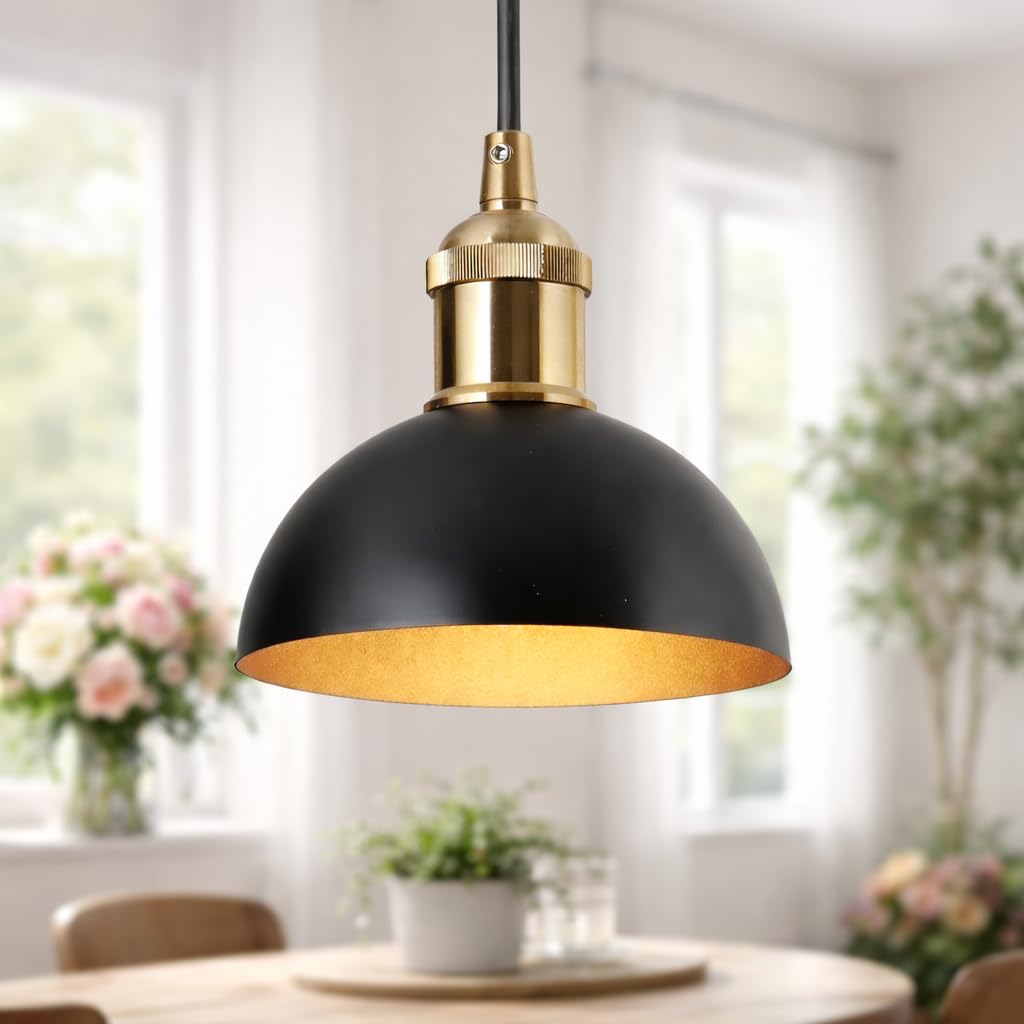 KSANA Black Gold Pendant Light, Modern Single Dome Hanging Fixture