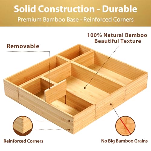 Umilife Drawer Organizer Storage Boxes, 2.5\" High Bamboo Drawer Dividers, 5 Rearrangeable Bins for Kitchen, Office Desktop, Clothing, Makeup, vanity, Jewelry - Thumbnail 3