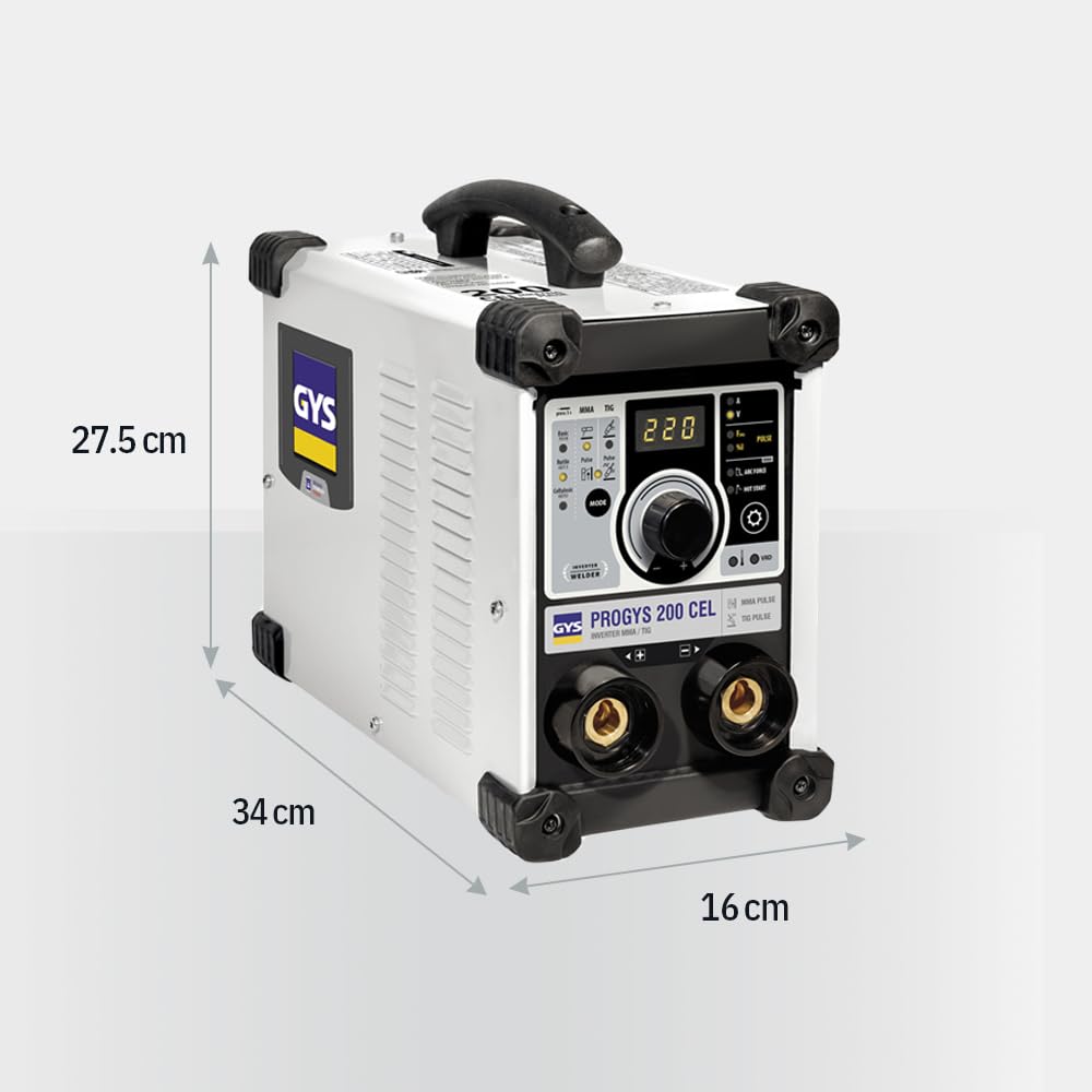 GYS, PROGYS 200 CEL, Poste à Souder à l'Électrode Enrobée 200A Monophasé 230V (MMA), TIG DC Lift & MMA Pulsé, Digital, Arc Force, Antisticking, Hot Start, Avec Porte-électrode, Câble de Masse