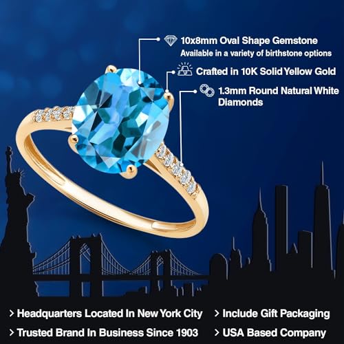 Gem Stone King 2-3 Cttw Oval Gemstone Birthstone and White Diamond Engagement Ring for Women | 10K Yellow Gold | Yellow Gold Ring For Women | Oval 10X8MM | Available in Size 5-92