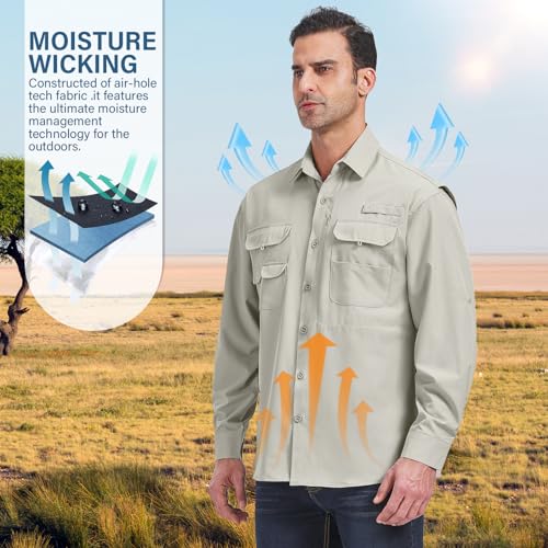 Linlon LN-5066-LIGHT KHAKI-L Mens Safari Shirts Long Sleeve Uv Protection Hiking Fishing Upf 50+ Quick Dry Cooling Shirts#Light Khaki-L thumb #7