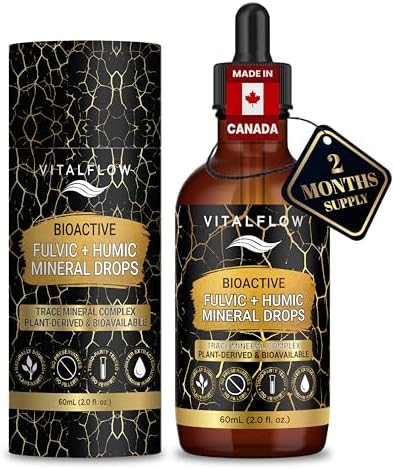 VITALFLOW Fulvic + Humic Trace Mineral Drops, 3:1 Humic-Fulvic Blend | Water-Extracted from Canadian Humalite | 60 mL Amber Dropper | Third-Party Tested, No Preservatives or Fillers | Made in Canada, GMP & ISO Verified