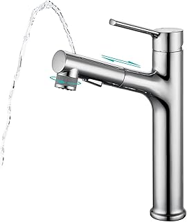 CREA Robinet de Lavabo Haut, Mélangeur Chaud et Froid Robinet de Lavabo, Mitigeur Robinet Salle Bain à Tirage avec Levier Unique, Laiton Chrome poli, pomme de douche extensible