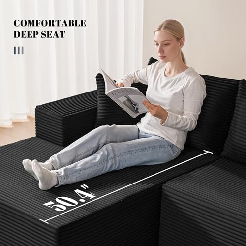 Image of Mangodan 140 inch Cloud Sectional Couch, Modular Sectional Sofa with Deep Seat, Boneless Sofa for Living Room, Fluffy Comfy L-Shaped Couch with Left Facing Chaise, No Assembly Required, Black