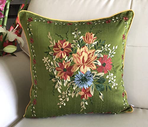 Image of TARA- Sparkling Homes Embroidered 250 TC Cushion Covers 16 X 16 Inches In Cotton Silk, My Fair Lady (Olive Green, 16 X 16 Inches)