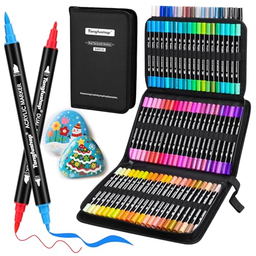 Tongfushop 84 Colores Rotuladores Acrilicos, Marcadores Acrilicos Doble Punta, Rotuladores de Pintura Acrílica para Adultos, Acrylic Markers para Pintar, Roca, Cristal, Cerámica, Plastico, Tela, Metal