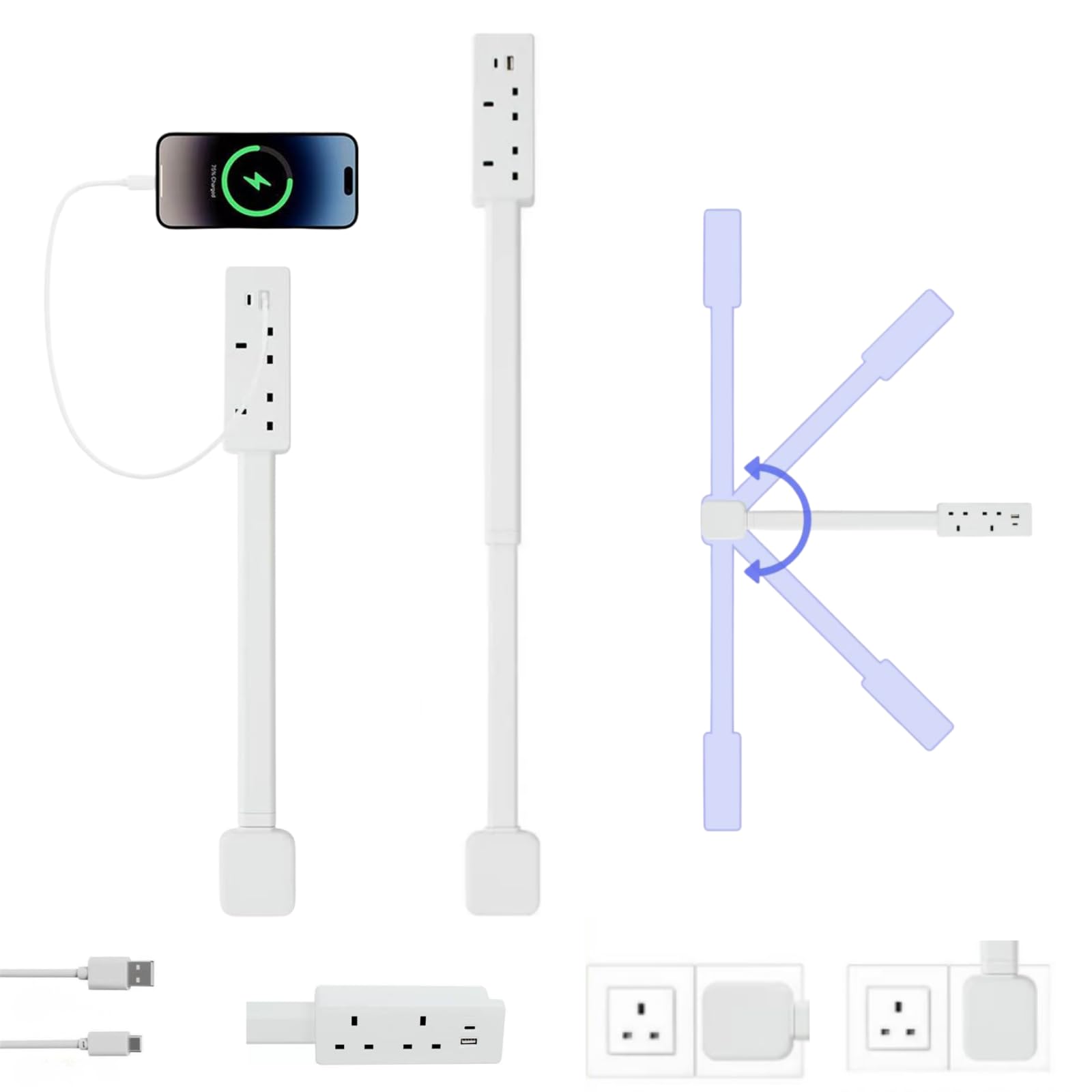 Power Socket Extender UK, Extends 19.49–28.15 inches 180° rotatable Plug Extender Sockets Features USB-A, USB-C and 2 AC power sockets for behind sofas, bedside tables and desks
