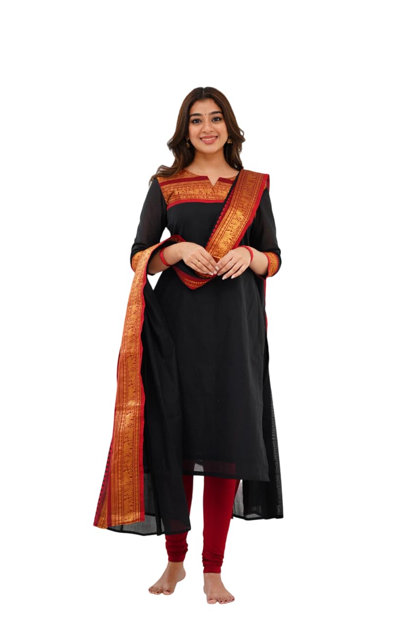 Women's Kanjivaram Traditional Cotton Kurta with Dupatta – South Indian cultural design Kurti Set,Ideal for Festive, Party, Wedding-picture-11