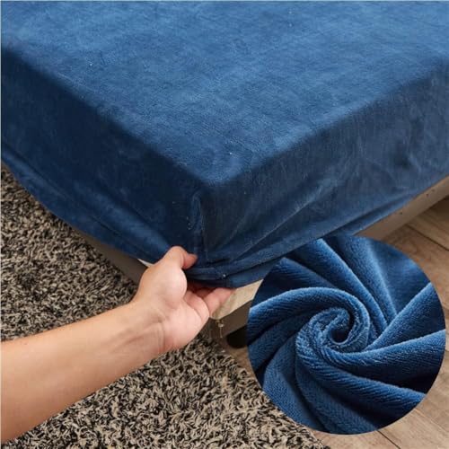 Sábana Bajera Ajustable de Franela 140x200 cm- Highdi Azul Sábana Bajera de Terciopelo Elástica de Invierno, Sábana Bajera 140x190 Adecuada para Colchón de 25-30 cm