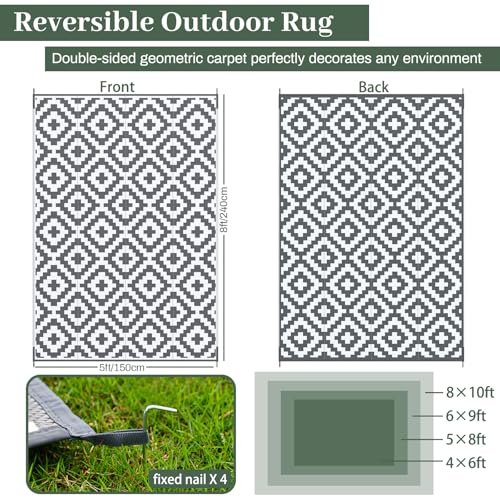 MOKANI Waterproof Outdoor Rug 5x8ft, Reversible Plastic Straw Rug for Patio, Garden, Porch, Deck, RV, Camping, Picnic & Backyard – Grey & White