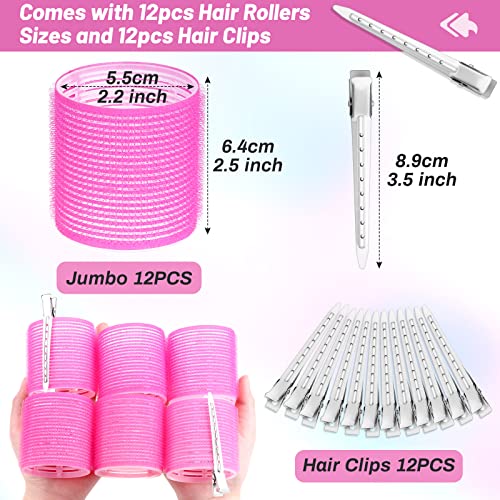 Jumbo Hair Curlers Rollers,24Pcs Big Hair Rollers Set With 12 Hair Curlers Self Grip Holding Rollers And 12 Stainless Steel Duckbill Clips For Long Medium Short Thick Fine Thin Hair Bangs Volume #TOP1