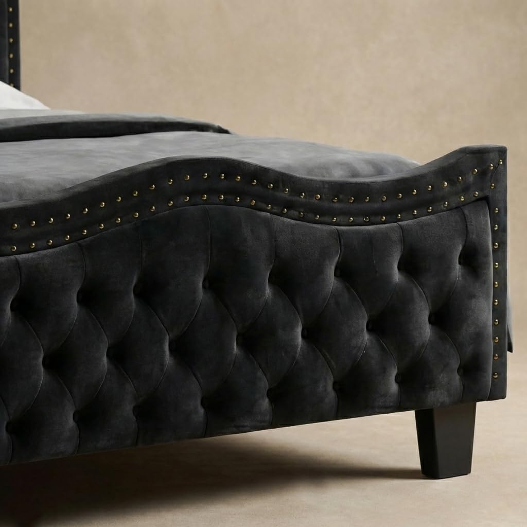 Queen Size Bed Frame with Headboard and Footboard, Upholstered Platform Bed, with 50 Inch Tall Wingback Tufted Headboard, Jet Black Velvet Button Tufted, Sturdy/No Box Spring Needed/Noise Free