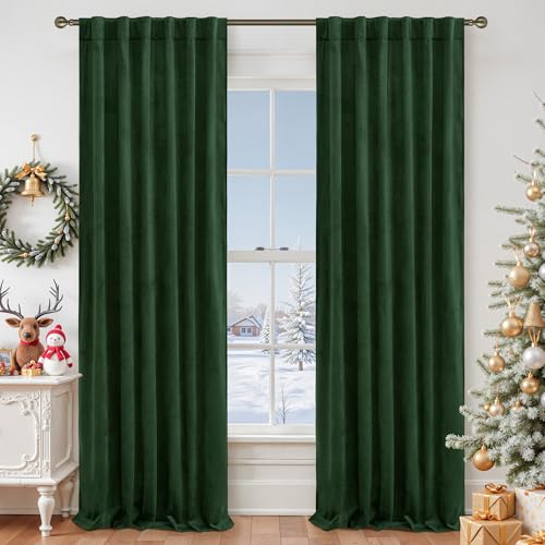 LAMIT Velvet 90 Inch Curtains for Living Room, Emerald Green Thermal Insulated Room Darkening Drapes Noise Reducing Back Tab and Rod Pocket Christmas Panels for Bedroom, Set of 2 Panels, 52 x 90 Inch