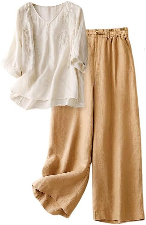 Women Spring Summer Two Piece Set Long Sleeve Shirt Wide Leg Pants Casual Outfit
