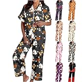 Fall Pajamas Women,Halloween Pajama Pants Halloween Pajamas Button Up Comfort 2 Piece Pjs Soft Lounge Cute Plus Size Short Sleeve Pajama Set Long Pj Pants,01Black,L