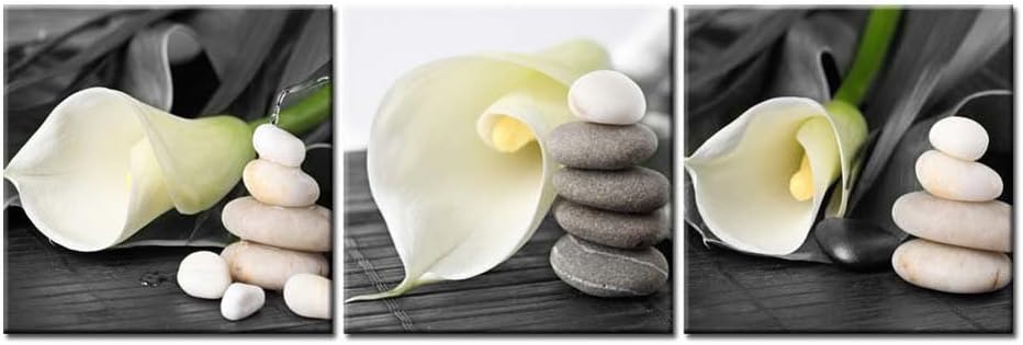 Canvas Print Wall Art Painting For Home Decor Still Life Of White Calla Lily With Gray Spa Pebbles Zen Stones On Black Background Callalily 3 Pieces Panel Paintings Modern Giclee Stretched And Framed Artwork The Picture For Living Room Decoration Flower Pictures Photo Prints On Canvas
